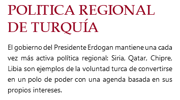 POLITICA REGIONAL DE TURQUÍA El gobierno del Presidente Erdogan mantiene una cada vez más activa política regional: Siria, Qatar, Chipre, Libia son ejemplos de la voluntad turca de convertirse en un polo de poder con una agenda basada en sus propios intereses. 